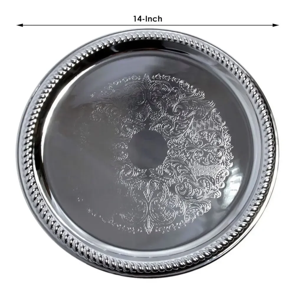 14-Inch Traditional Round Engraved Catering Chrome Plated Serving Tray 3 Pk